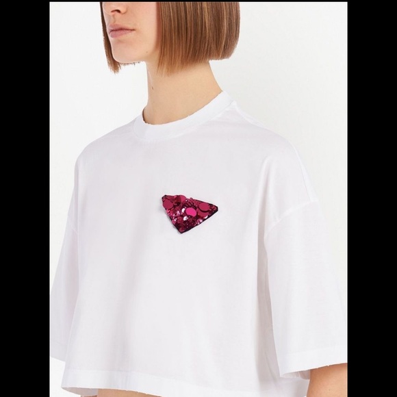 Prada Tops - PRADA***Cropped White T-Shirt W/Sequined Logo***XL $1380 NWT